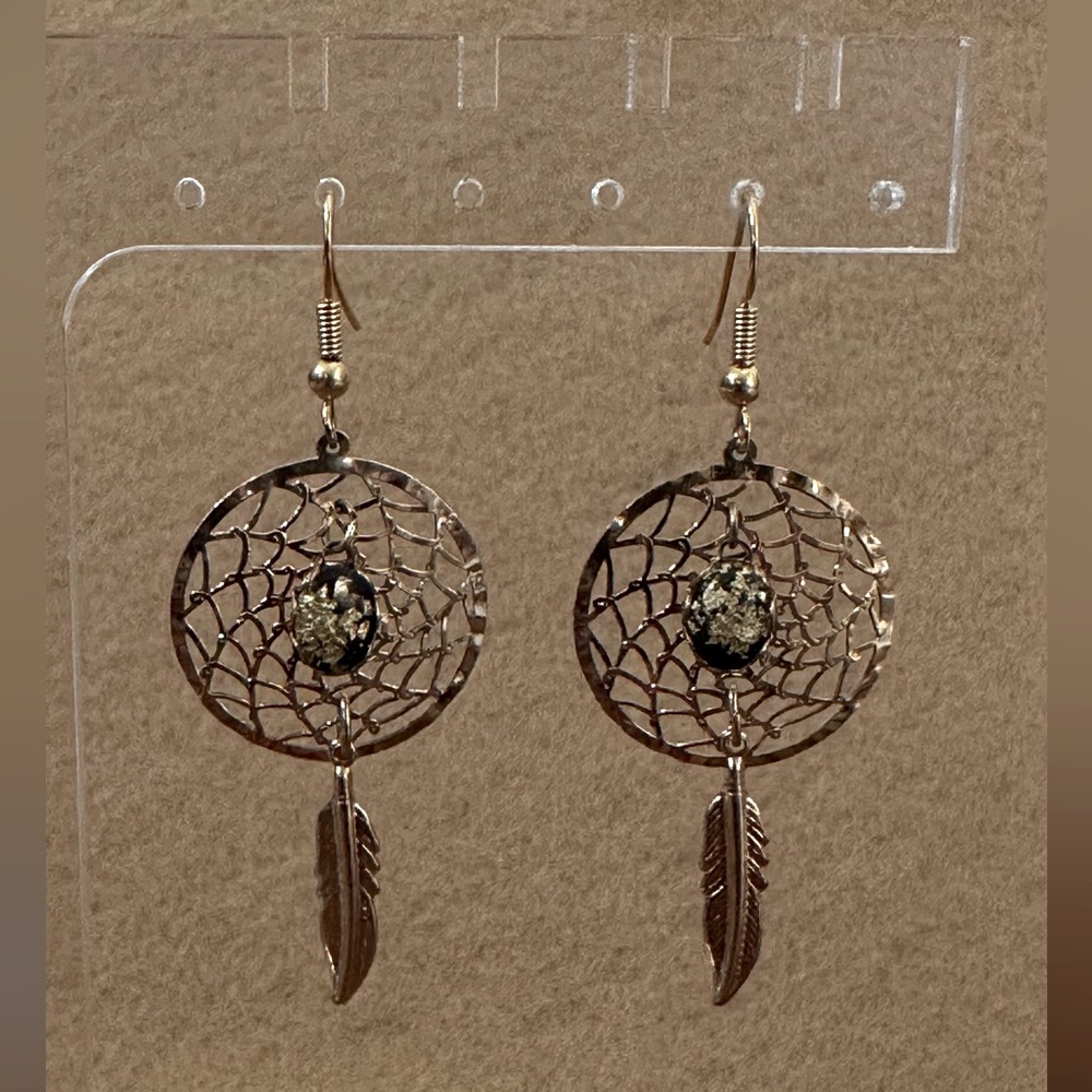 Goldtone Dream Catcher & Feather Wire Earrings